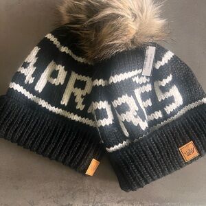 APRES Black and White Knit Beanie with Faux Fur Pom